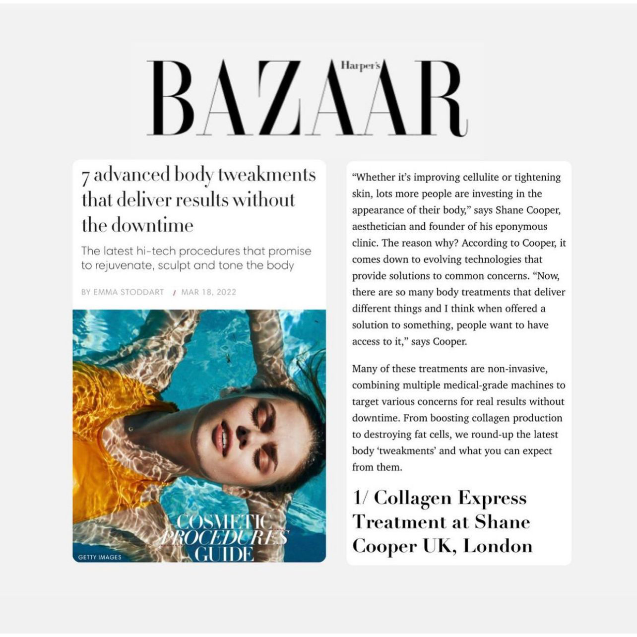 Shane Cooper Collagen Express Treatment featured on Harpers Bazaar.