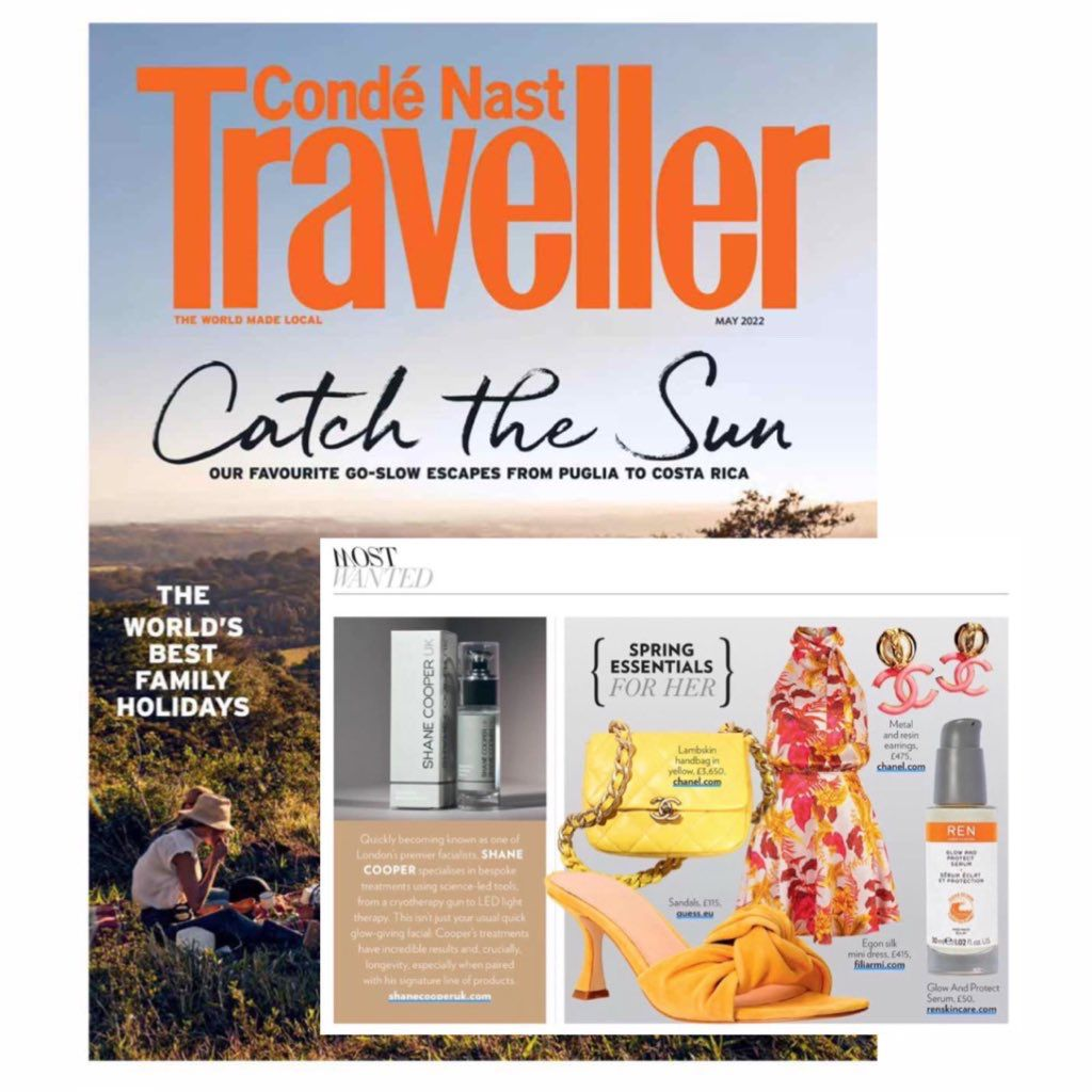 Shane Cooper Hyauloronic Boosting Serum featured in Condé Nast Traveller magazine.